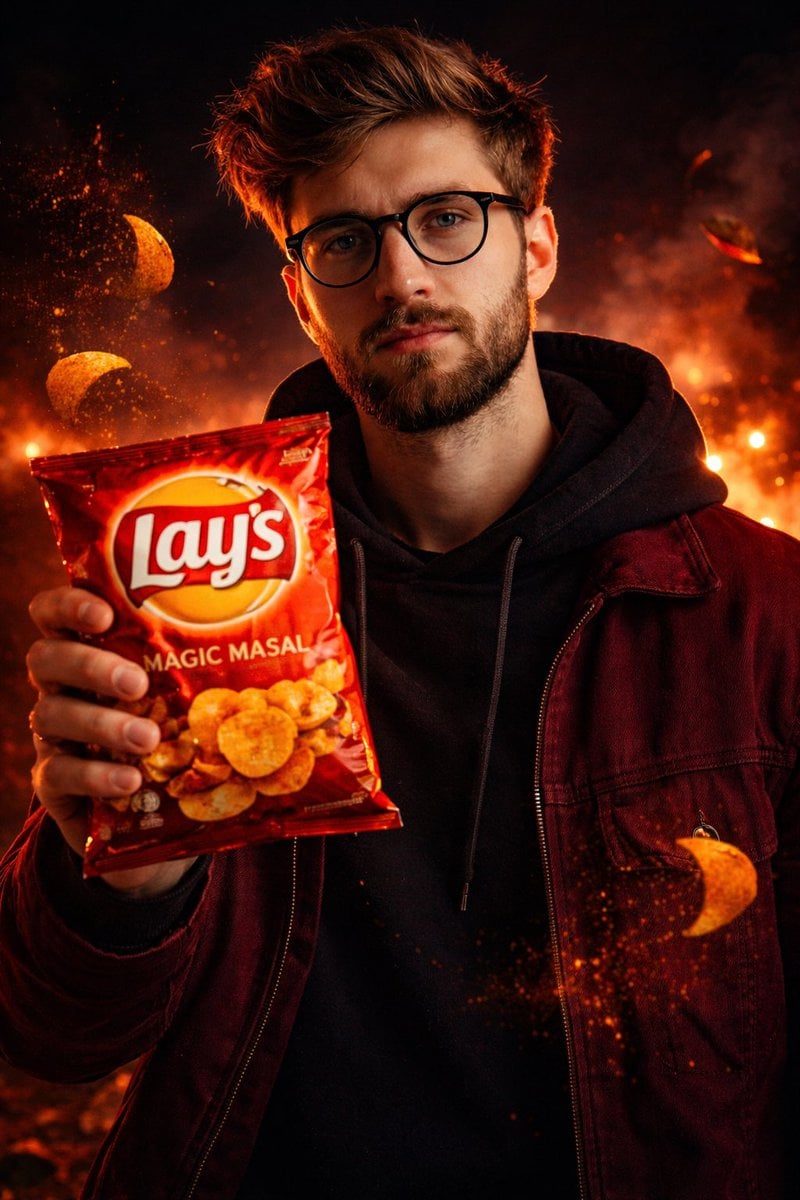 A cinematic, ultra-realistic advertising shot of a man holding a Lay’s …
