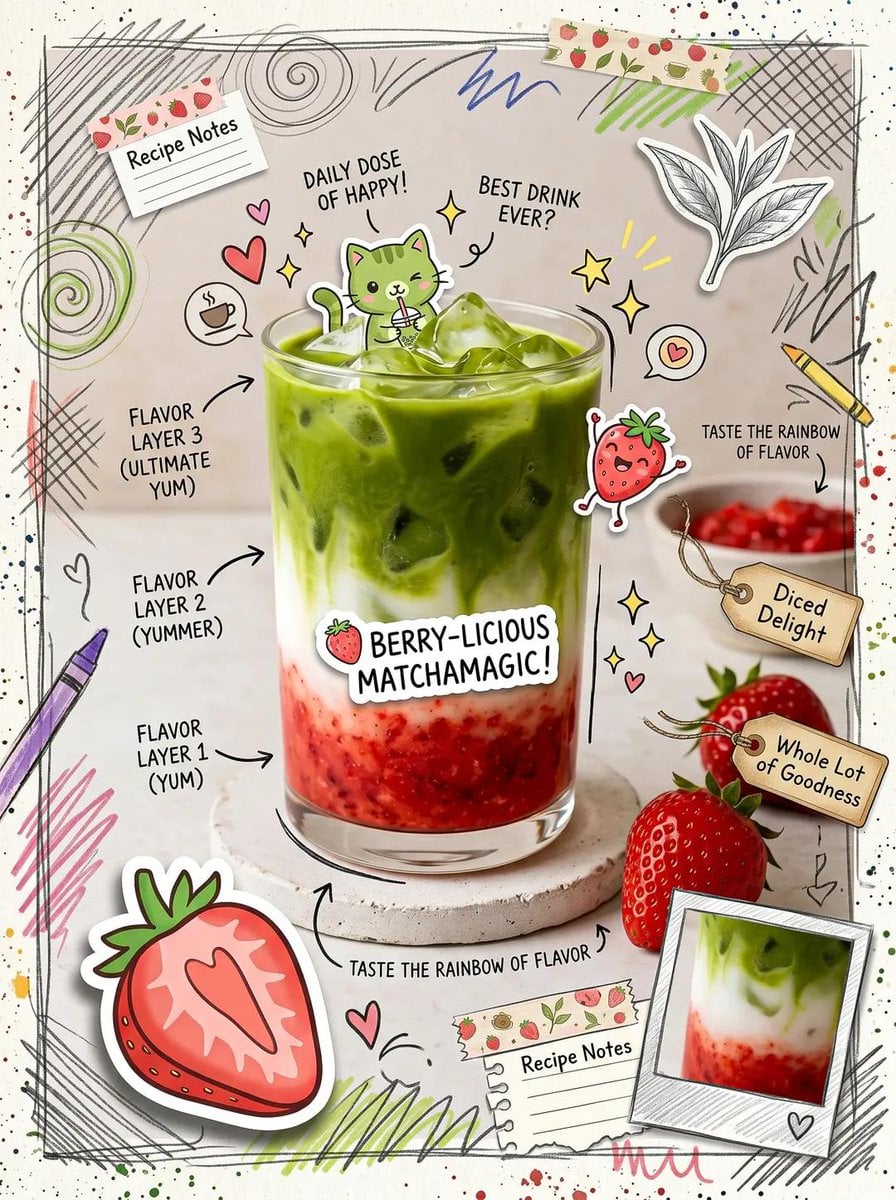 Cute scrapbook-style food photography poster, aesthetic matcha latte dr…