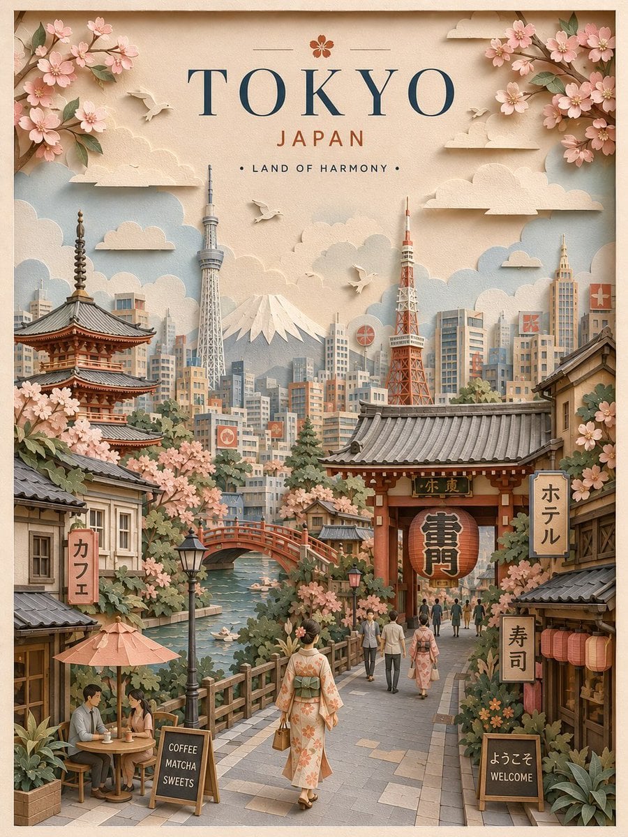 Create a highly detailed vertical travel poster in an elegant 3D layere…