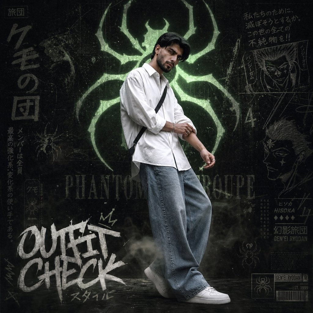 A hyper-realistic anime streetwear poster featuring a young Indian man(…