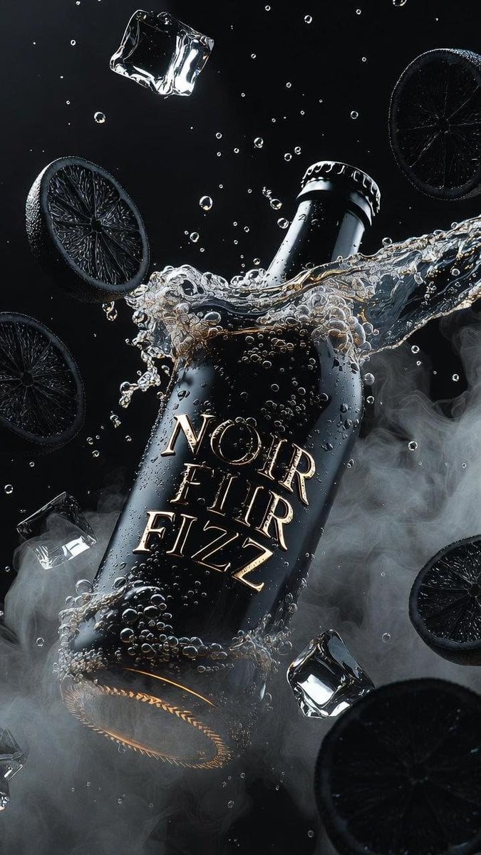 Ultra-cinematic product photography of a matte black luxury soda bottle…