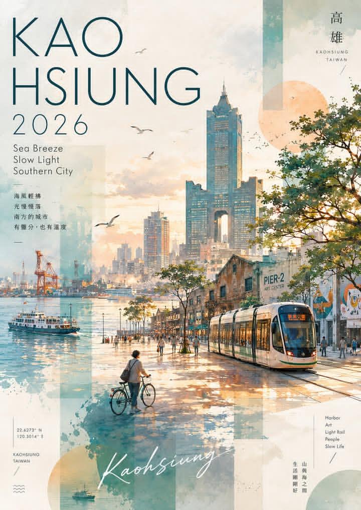 Watercolor and collage travel poster for Kaohsiung, Taiwan, vertical la…