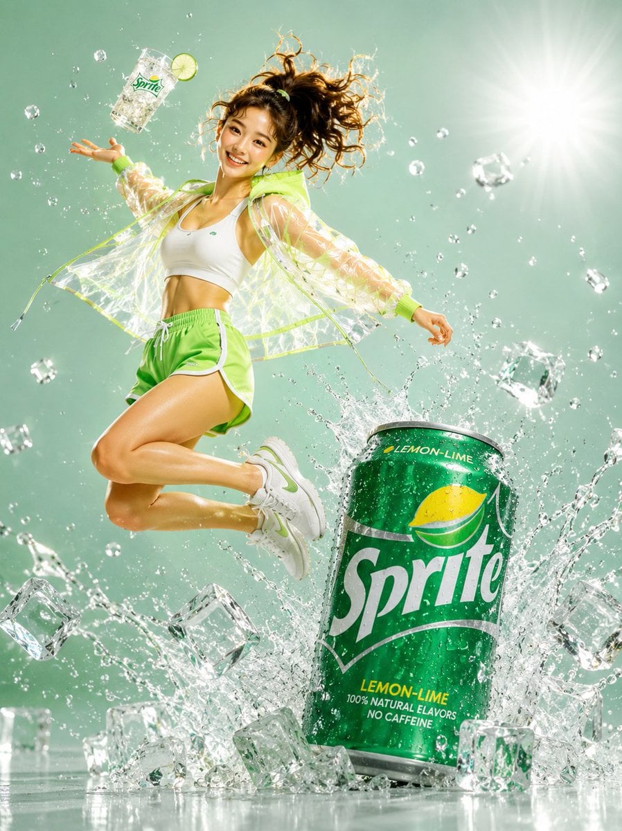 A young woman mid-air jumping pose, high ponytail flying, pure exciteme…