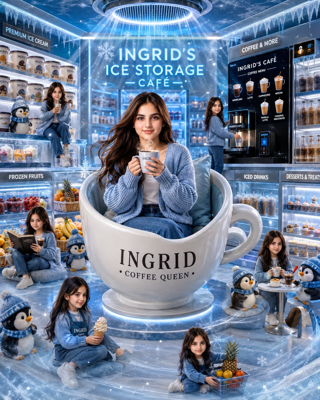 A whimsical and fantastical advertisement for 'Ingrid's Ice Storage - C…