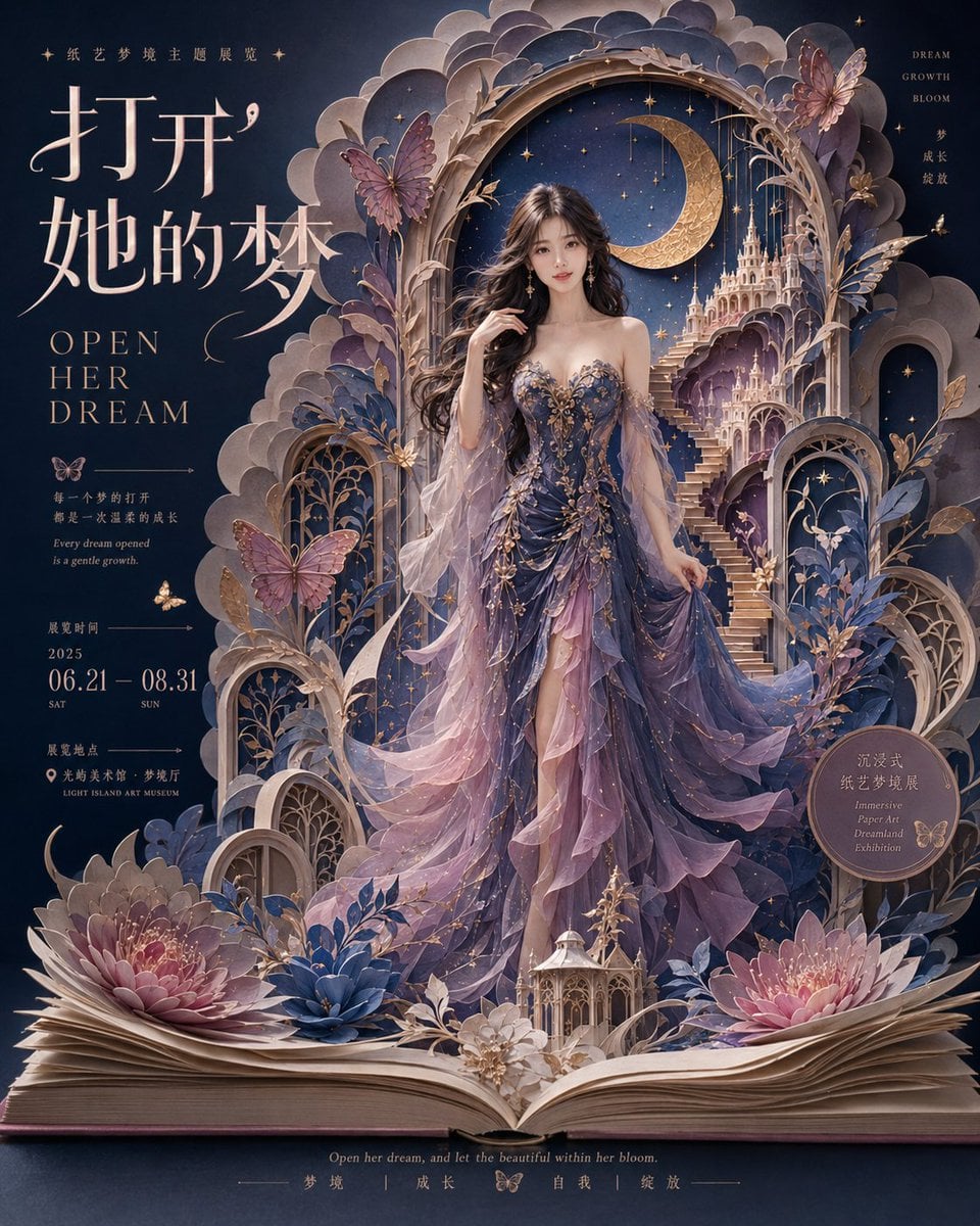 生成一张 4:5 竖版、高完成度的梦幻纸艺展览视觉海报，主题为《打开她的梦 / OPEN HER DREAM》。 整张画面是一张完整的展览海报…