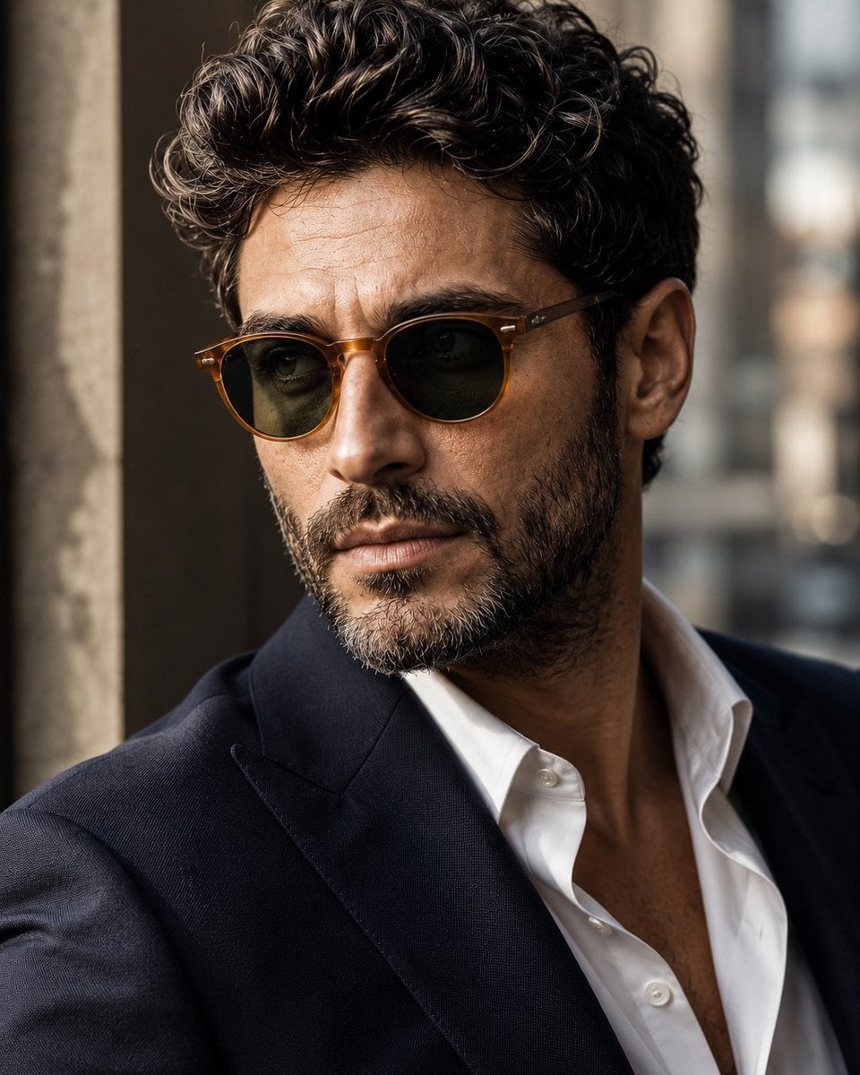 A cinematic close-up portrait of a rugged, sophisticated middle-aged ma…