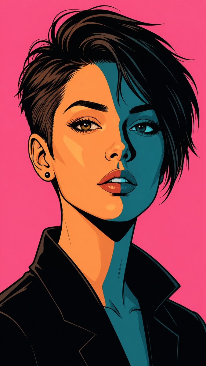 Create a high-quality vector pop art illustration of a beautiful young …