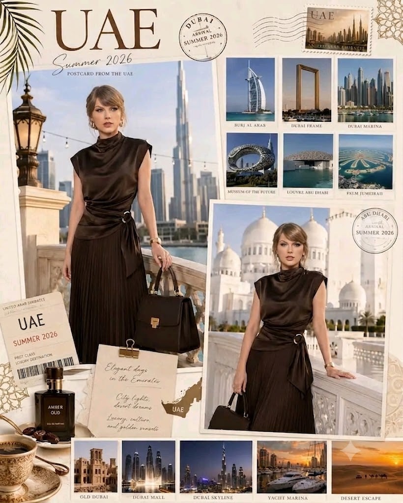 Create an ultra-detailed luxury travel scrapbook collage titled “UAE Su…