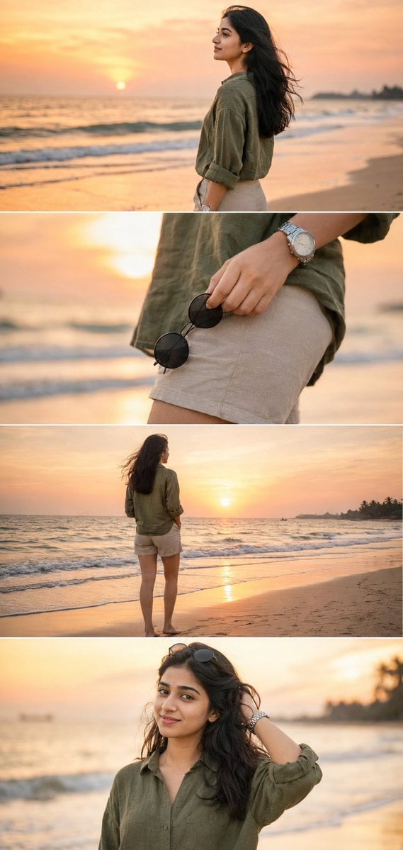 Ultra-realistic DSLR cinematic beach photoshoot collage featuring the S…