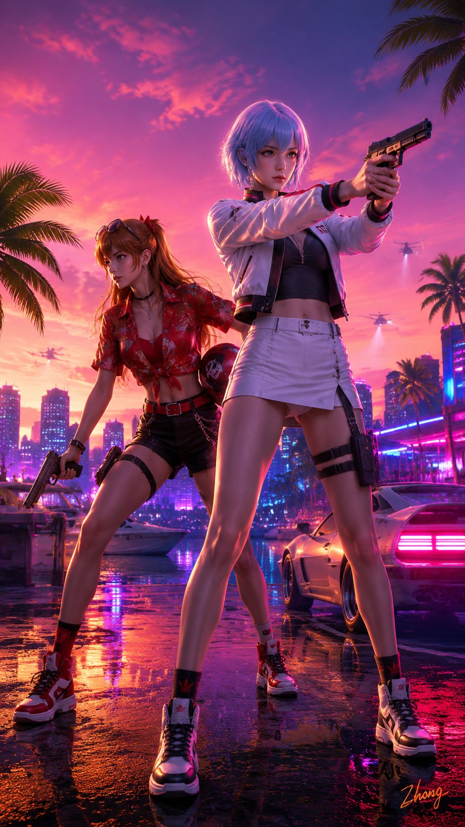 two anime girls, asuka and rei, in gta 6 style, neon city at sunset, ho…