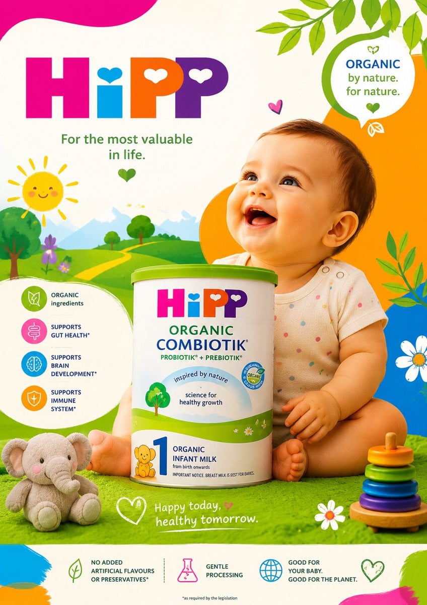 Ultra-premium commercial baby formula advertisement poster for a famous…