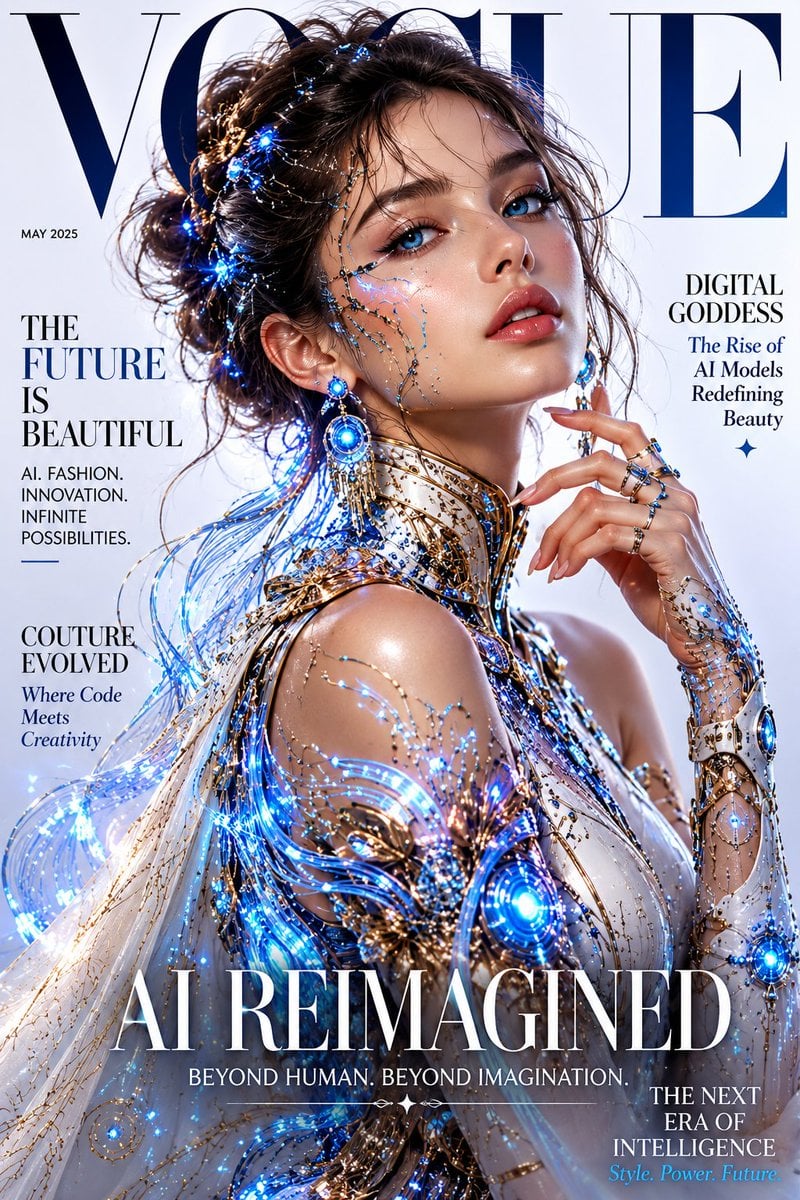 Professional magazine cover design, Vogue style, fictional AI model wit…
