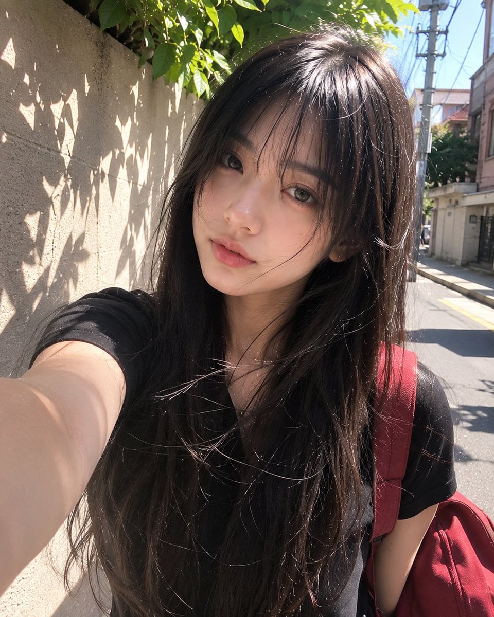 Beautiful young Japanese girl with long silky black hair and soft wispy…