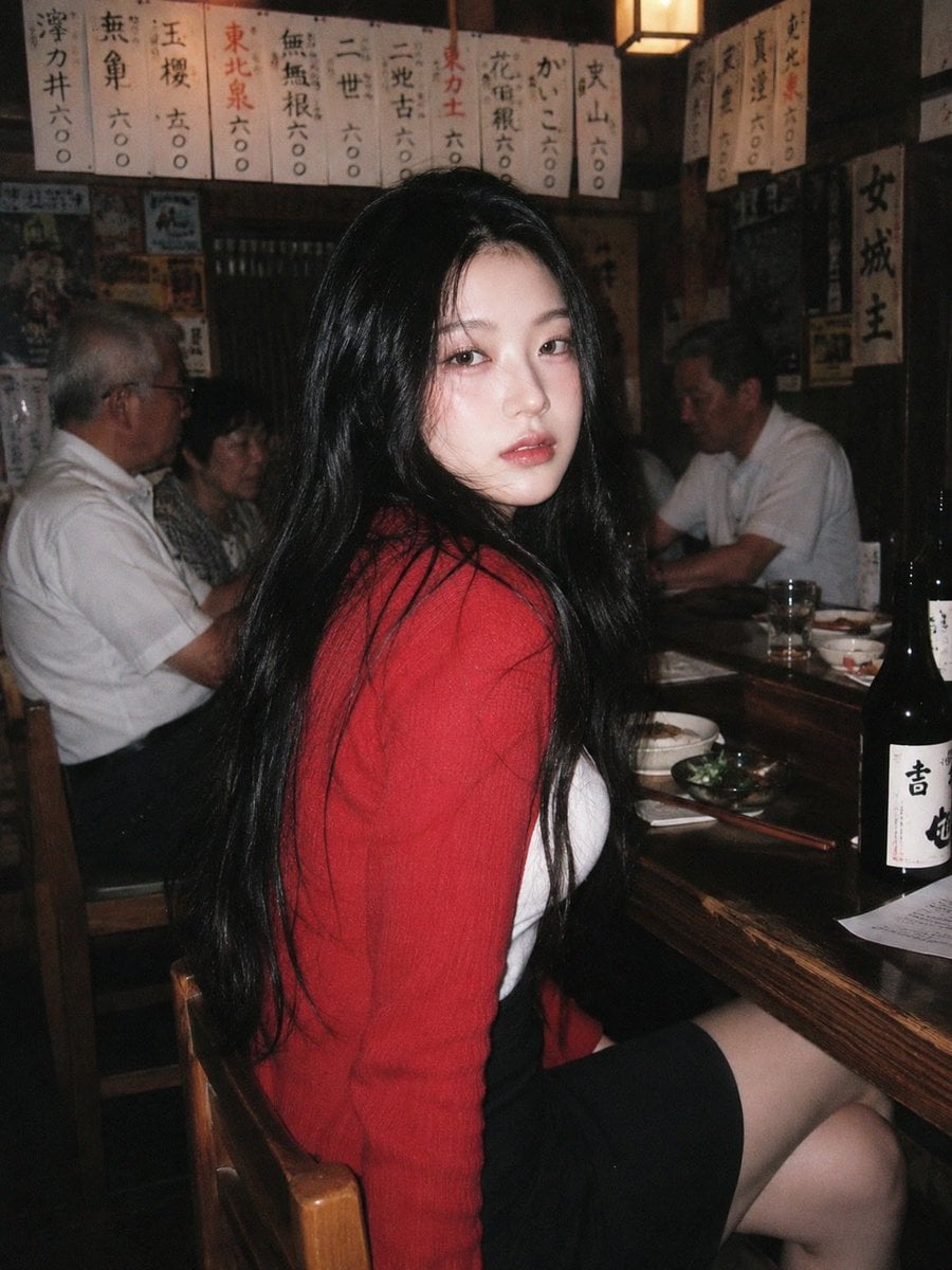 A 90s disposable-camera style flash snapshot taken inside a small, bust…