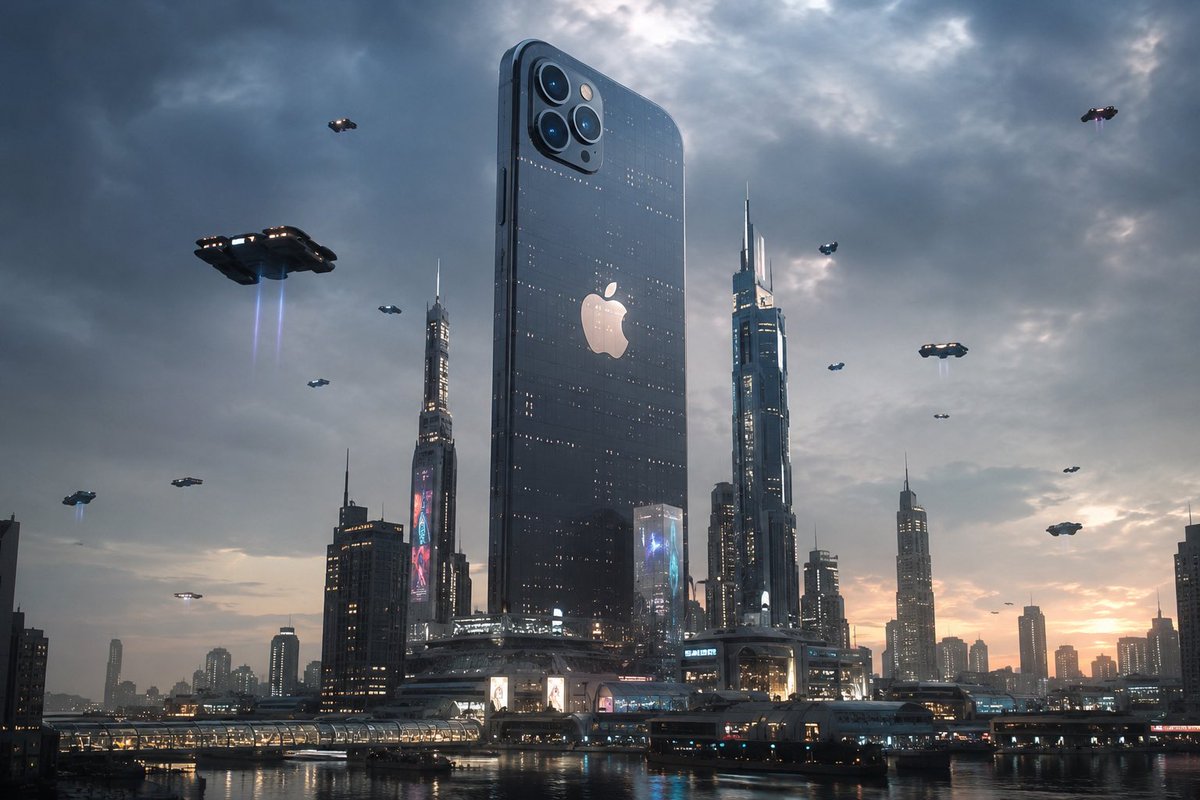 A futuristic city dominated by an enormous Apple iPhone standing as a s…