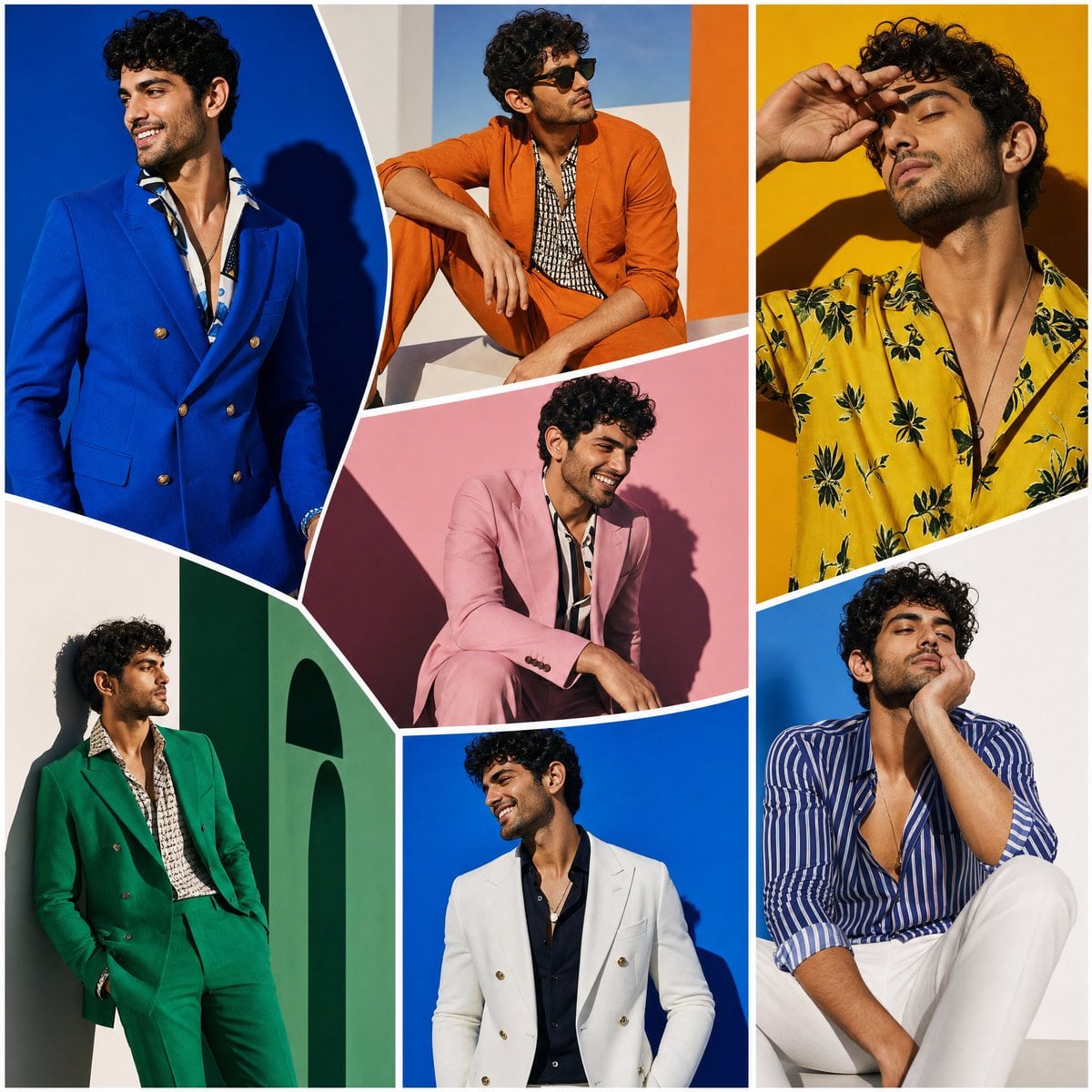 The SAME male model displayed across oversized random-shaped fashion pa…