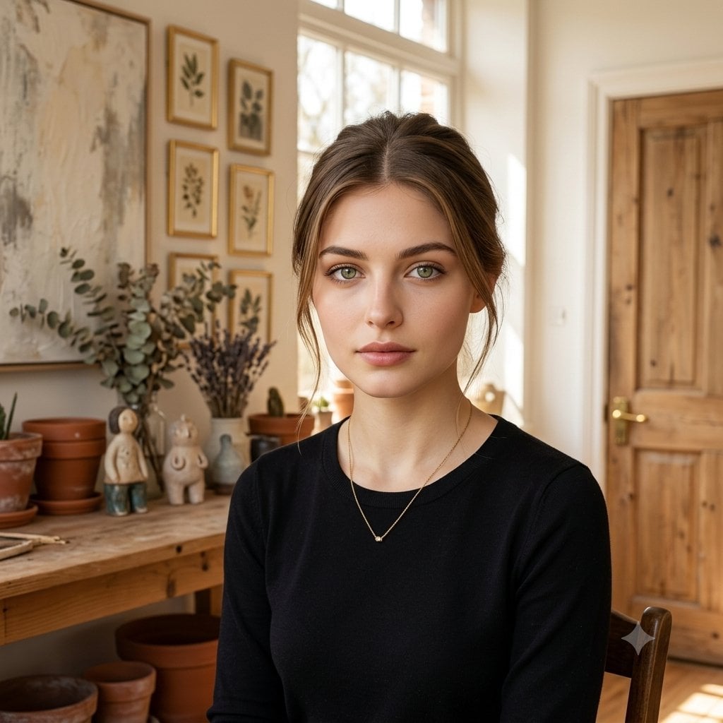 Title: Elegant Serenity Subject: A young woman with striking green eyes…