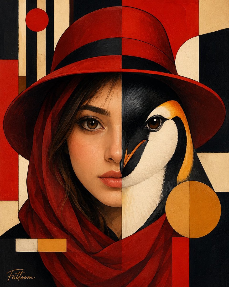 Create a premium fine-art surreal portrait inspired by geometric modern…