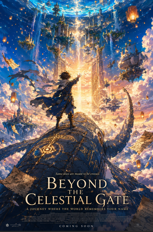A breathtaking anime fantasy movie poster in portrait format. A young g…