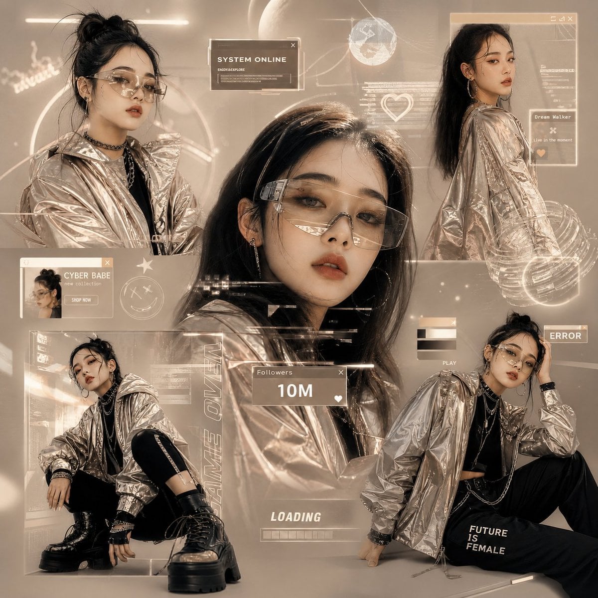 Create a futuristic Gen-Z fashion collage inspired by digital influence…