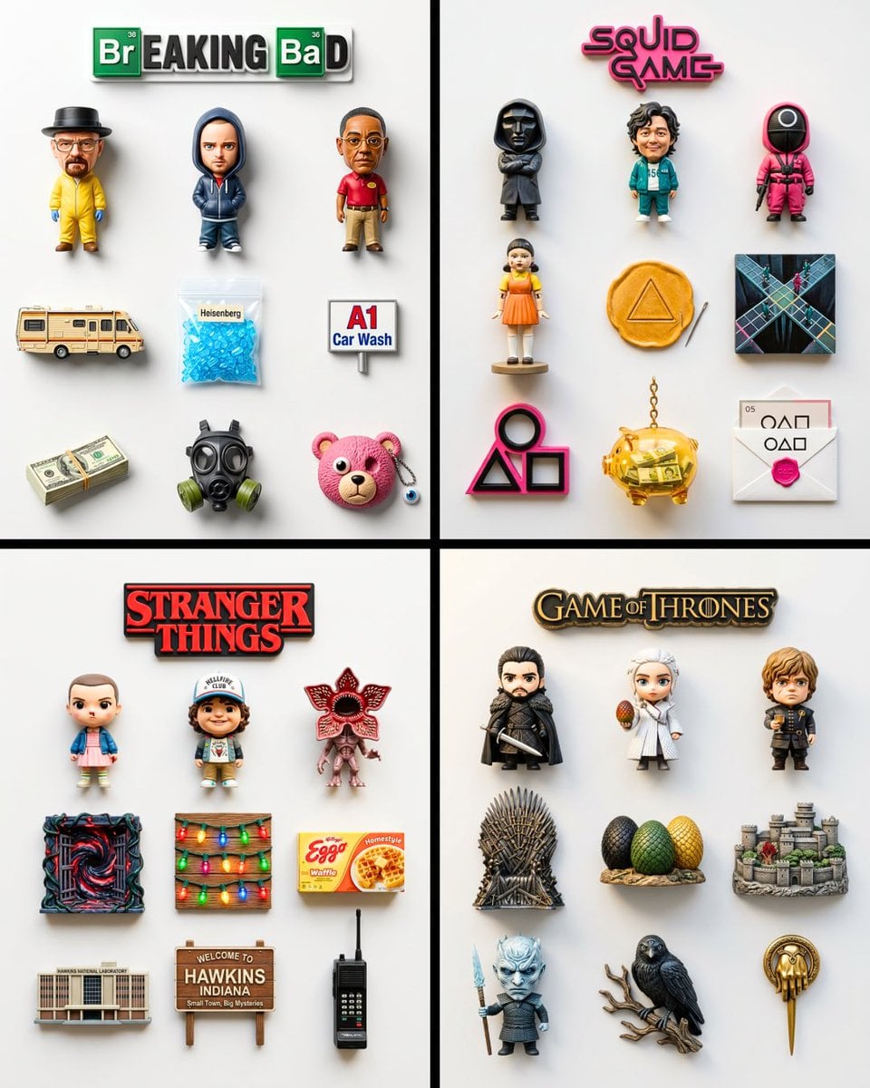 A flat-lay of exactly 9 hyper-realistic 3D resin fridge magnets on a pl…