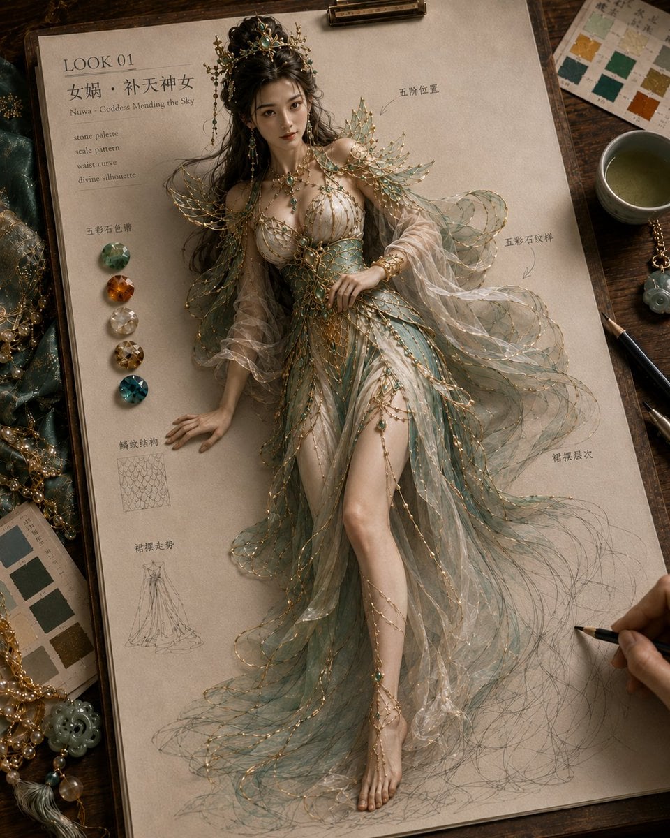 生成一张《纸上成真 · 神话绮装》风格图片，4:5 竖版。 画面是高级东方神话高定服饰设定稿：米白色手稿纸夹在木质画板上，放在温暖木色设计工作…