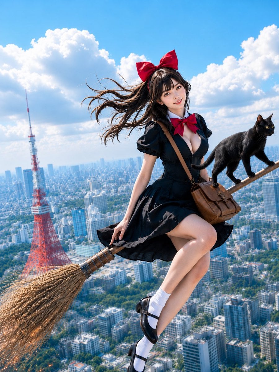 主題： 空の便 人物・表情： 20代女性。赤い大きなリボンを頭につけ、暗めのブラウンロングヘアが上空の風で画面左へ大きく流れている。清潔感のあ…