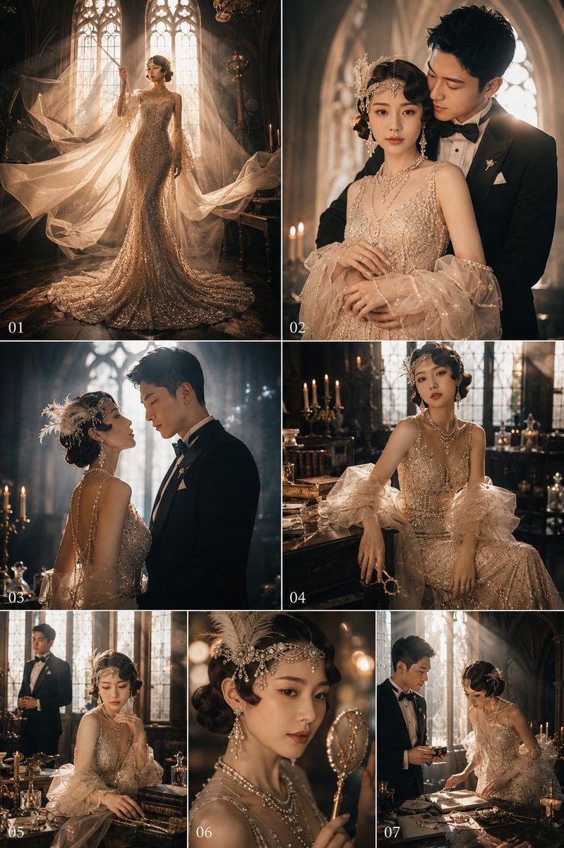 请基于用户上传的两位成年人清晰生活照，生成一张「Gatsby 风格 / 1920s Art Deco 风格」的超高预算婚纱写真。 请严格保留两…