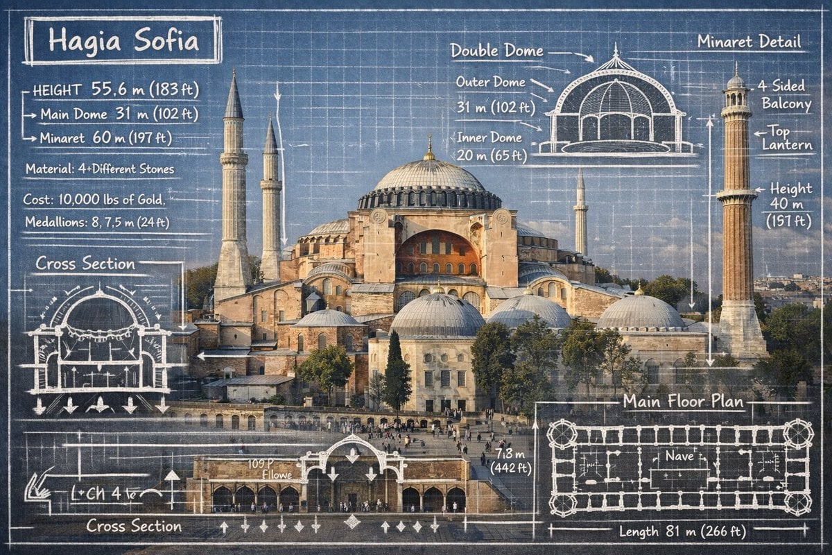 Create an infographic image of [LANDMARK], combining a real photograph …
