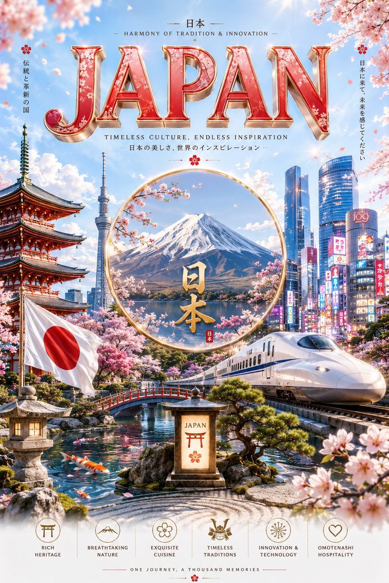 Ultra-premium cinematic 3D travel poster for [Country], bright luxury a…