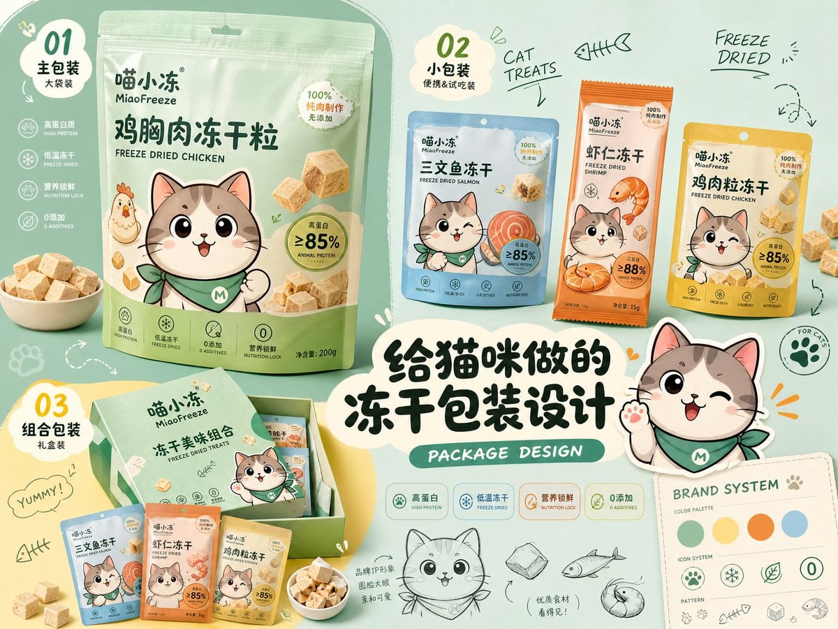 请生成一张横向4:3高清「品牌包装设计提案速览」。 【主题】：[产品主题] 【品牌名】：[品牌名] 【系列名称】：[系列名称] 【产品内容】：…