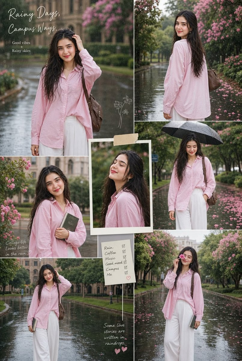 Create an aesthetic rainy-season college portrait collage featuring sty…