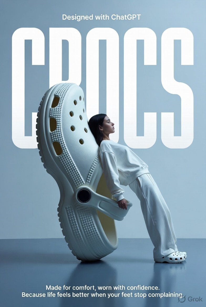 A high-fashion surrealist advertising poster for Crocs. The scene is se…