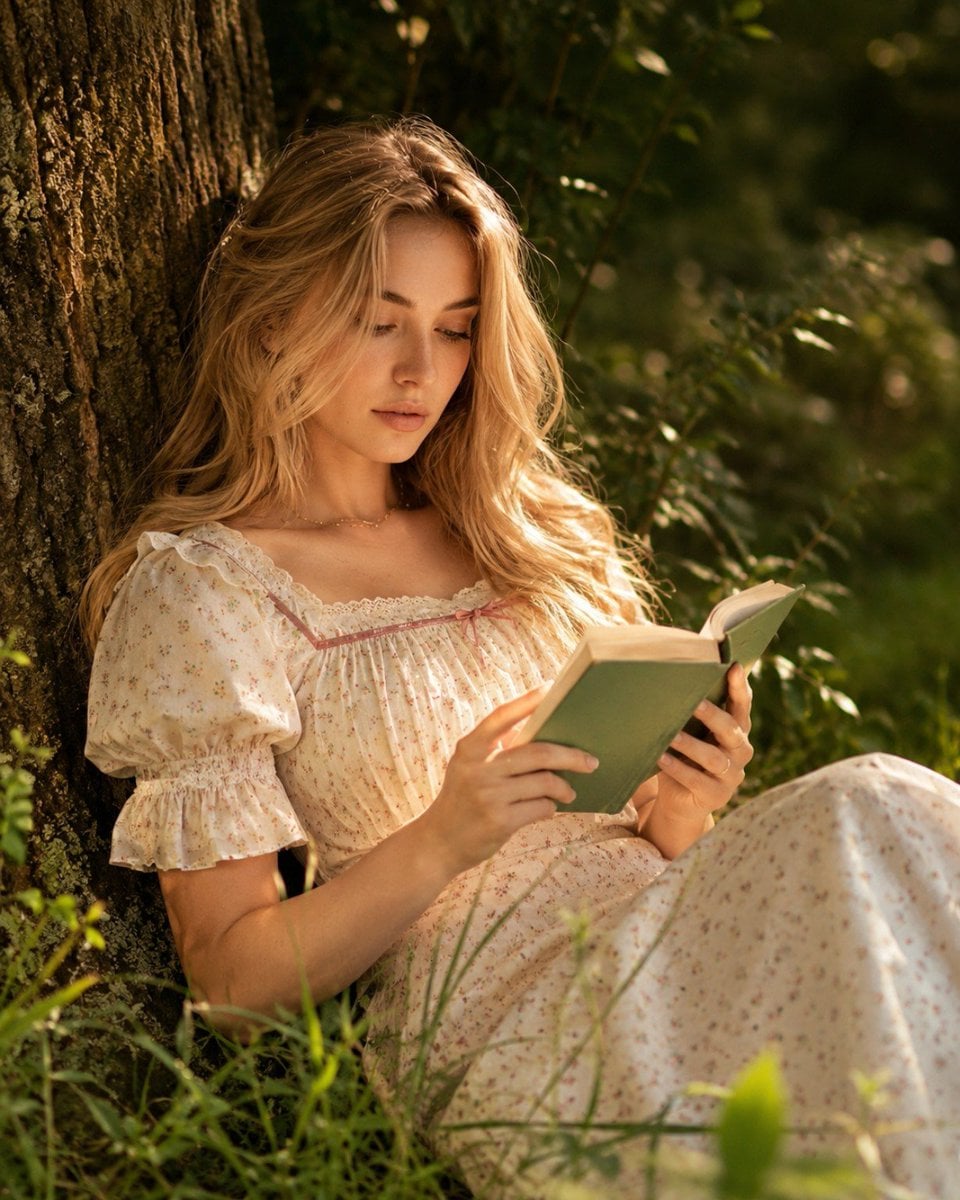 A dreamy cottagecore editorial portrait captured during golden hour in …