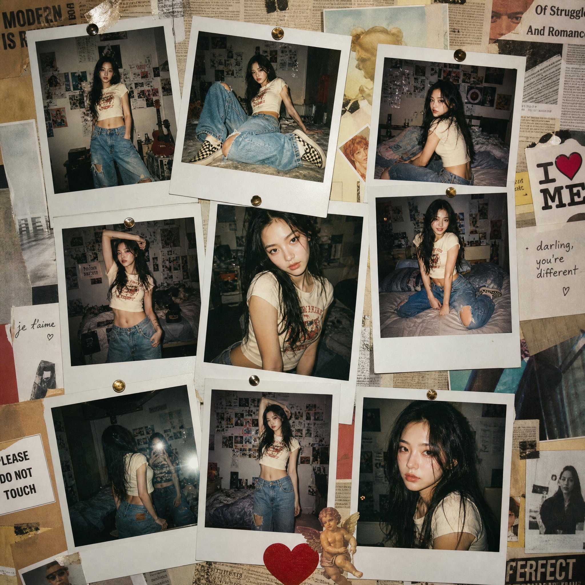 Ultra-realistic Y2K fashion editorial composed entirely of overlapping …