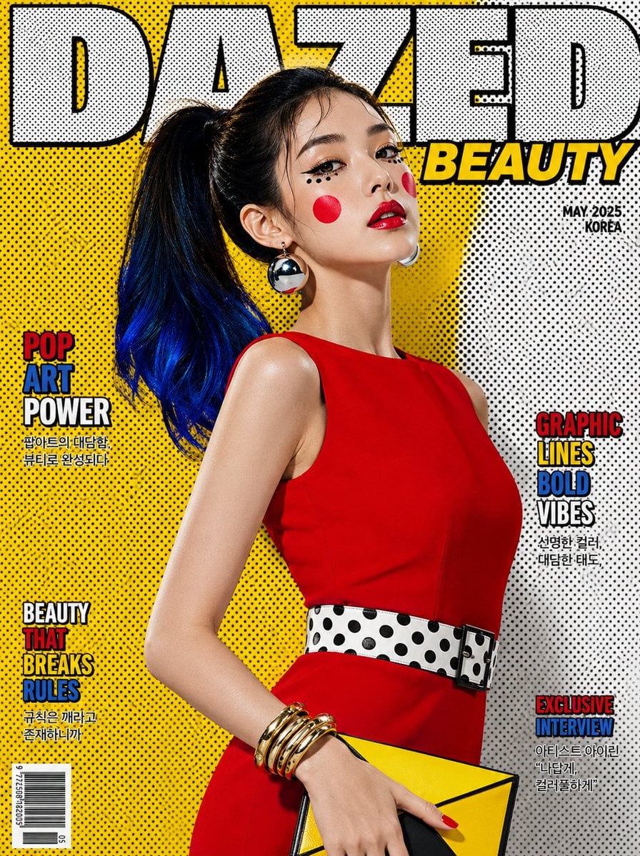 Ultra-realistic pop-art luxury beauty magazine cover featuring a striki…