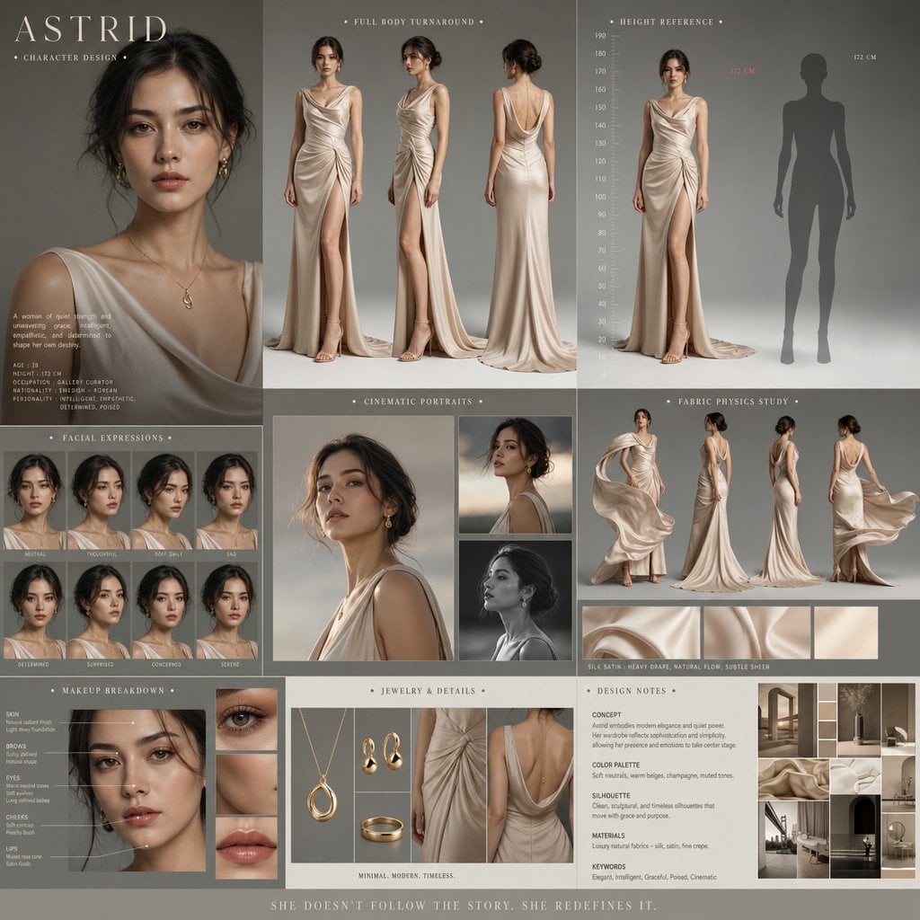 Create a cinematic character design board for a premium drama film. A s…