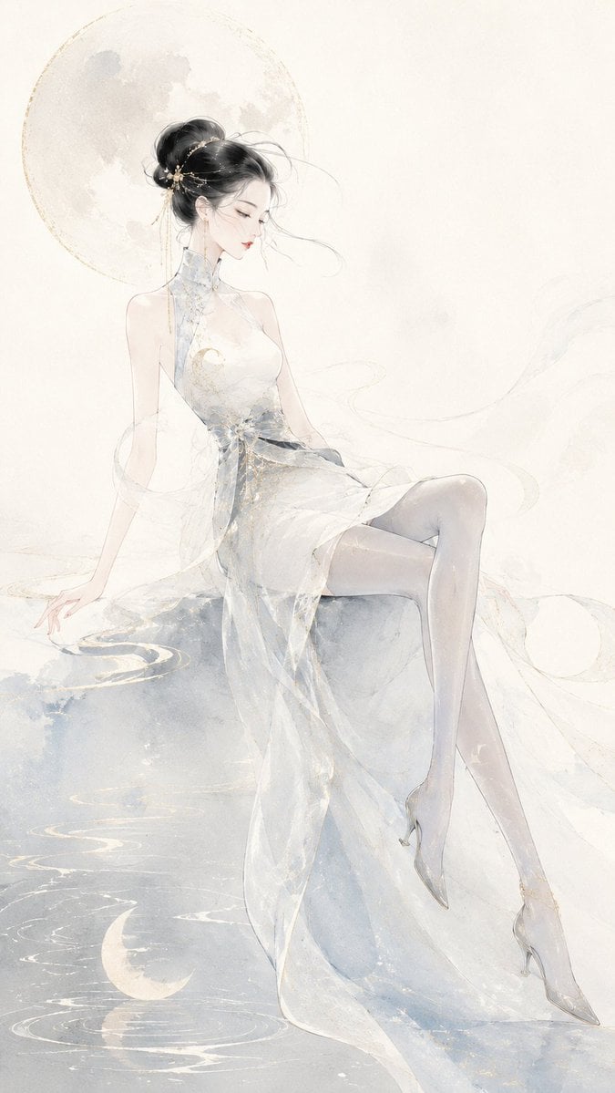请生成一张 9:16 竖版的原创东方时装插画，主题为[主题名称]。 整体风格融合：现代东方高定、中国水墨、淡彩水彩、细腻书法式线条、宣纸留白、…