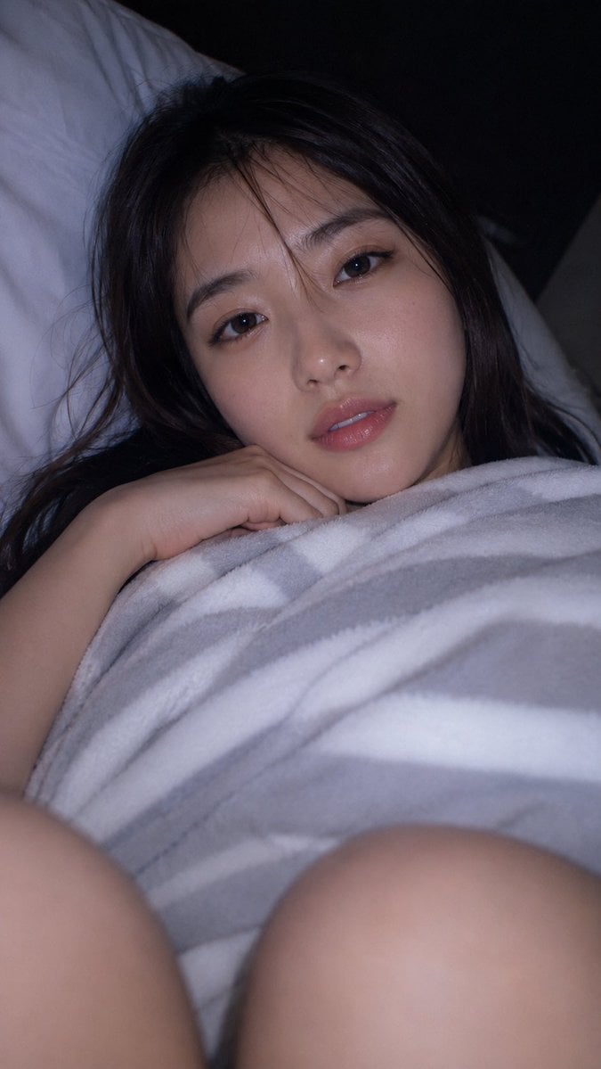A photorealistic natural close-up bedroom selfie-style photo of a ficti…