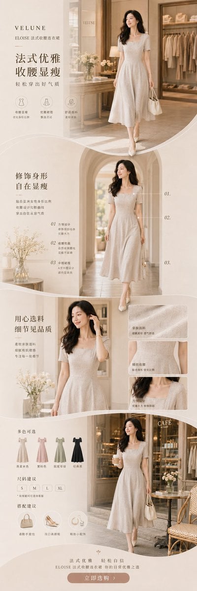 先生成一张“完整长详情页总稿”，而不是 4 张独立海报。 框架参考，可替换字段： [品牌名] [产品名] [产品类型] [风格方向] [主色调…