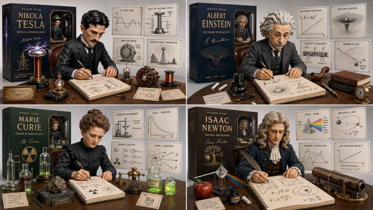 2x2 grid, 16:9, do this for Tesla and 3 other famous scientists Input: …