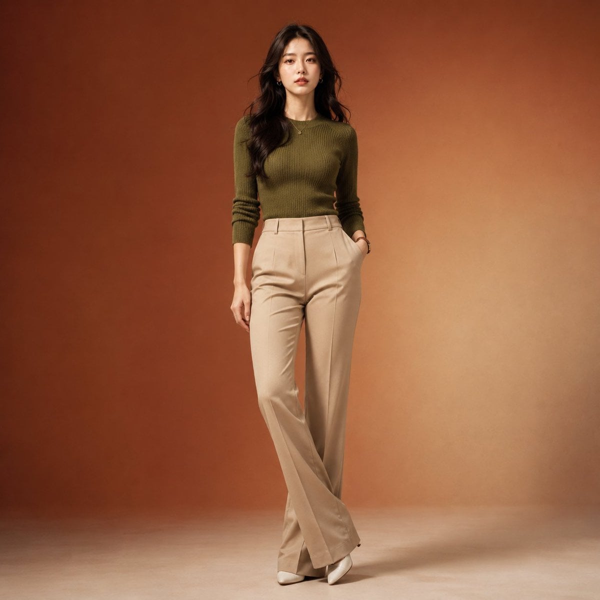 Full-body professional fashion editorial portrait of a beautiful young …