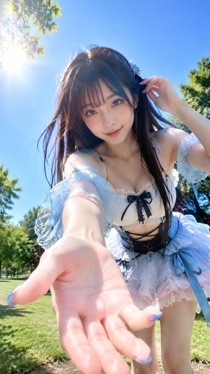 Vertical 9:16 photorealistic outdoor summer portrait. An adult young wo…