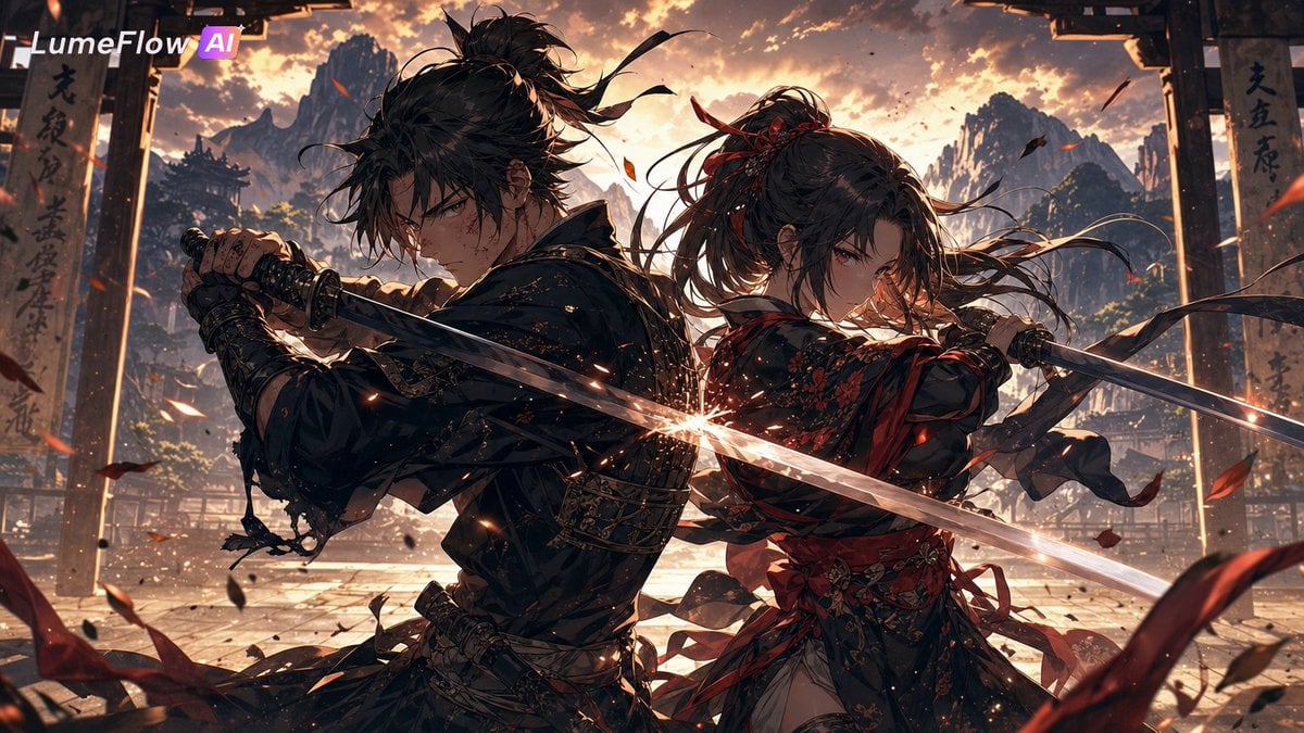 A powerful anime couple training together in a vast mountain dojo at go…