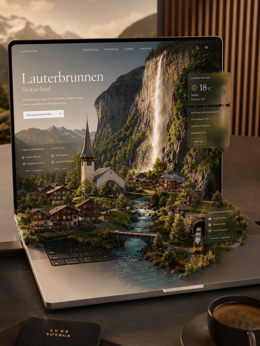 Ultra-premium travel platform visualized as a miniature world emerging …