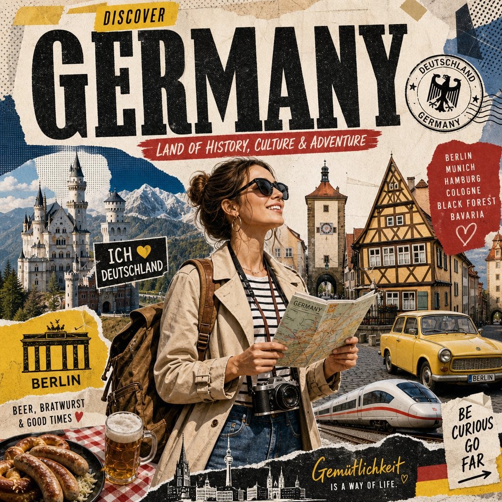 Create a stylized travel poster for [GERMANY]. The main subject should …