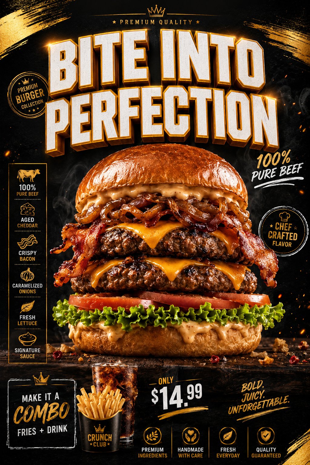 Create an ultra-premium pizza menu advertisement poster, vertical 3:4 l…