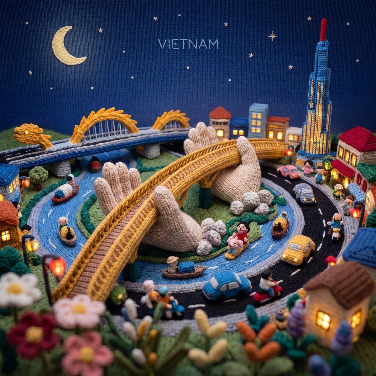 “Vertical composition, 1080x1080. A miniature [City] made entirely in k…