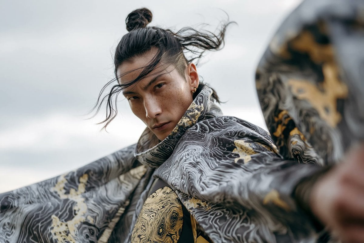 A high-fashion editorial portrait of a [Subject] wearing avant-garde ga…