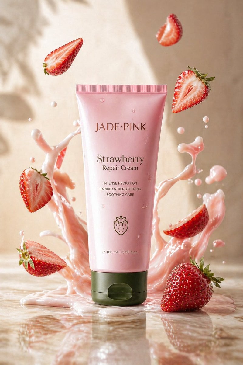 A sleek jade-pink tube labeled "Strawberry Repair Cream" upright on glo…